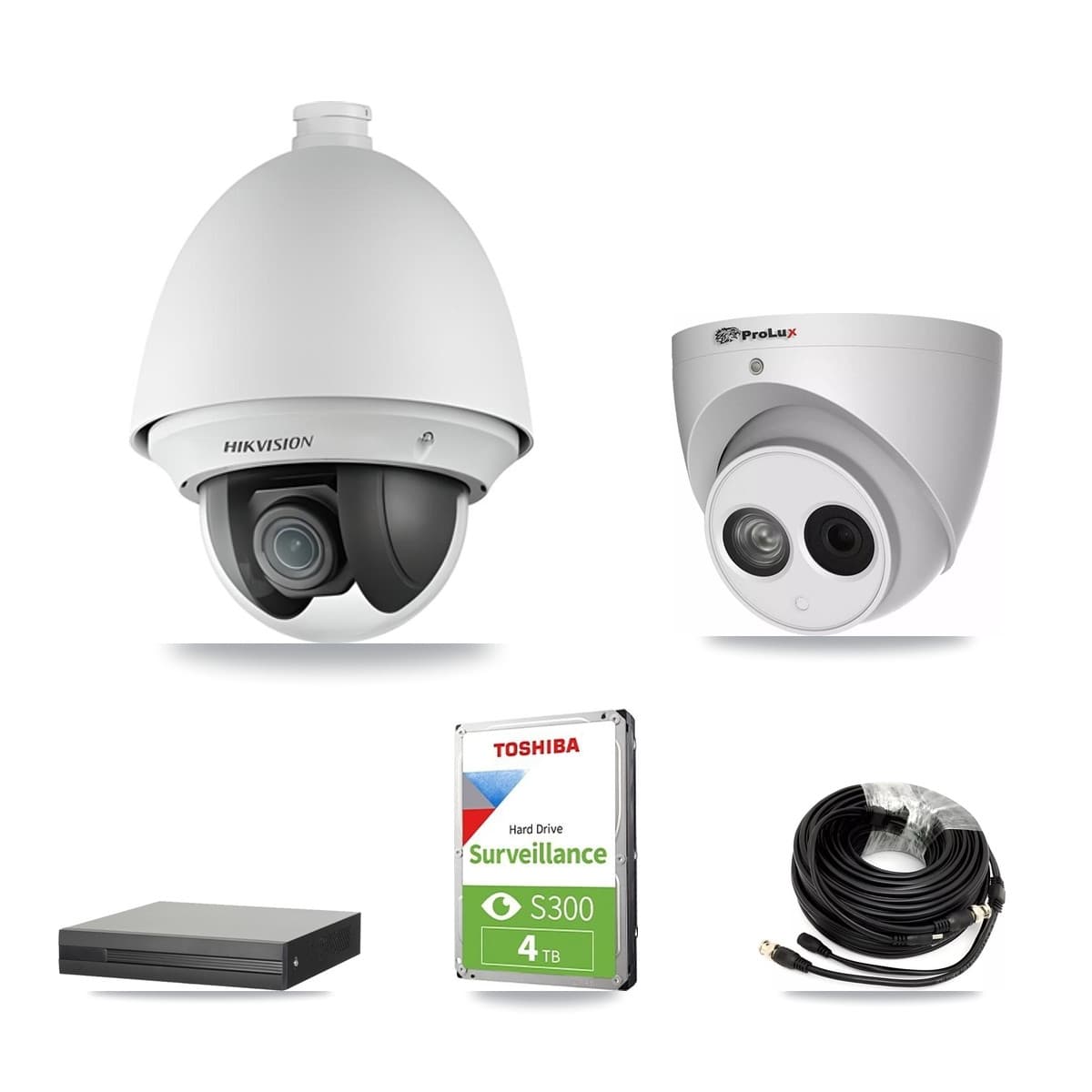 Hikvision & Prolux 4-Channel 2MP – 4MP CCTV Kit — 1 2MP PTZ + 1 4MP Turret Cameras + 4TB Recording (XVR-3104HS Recorder) - Image 1