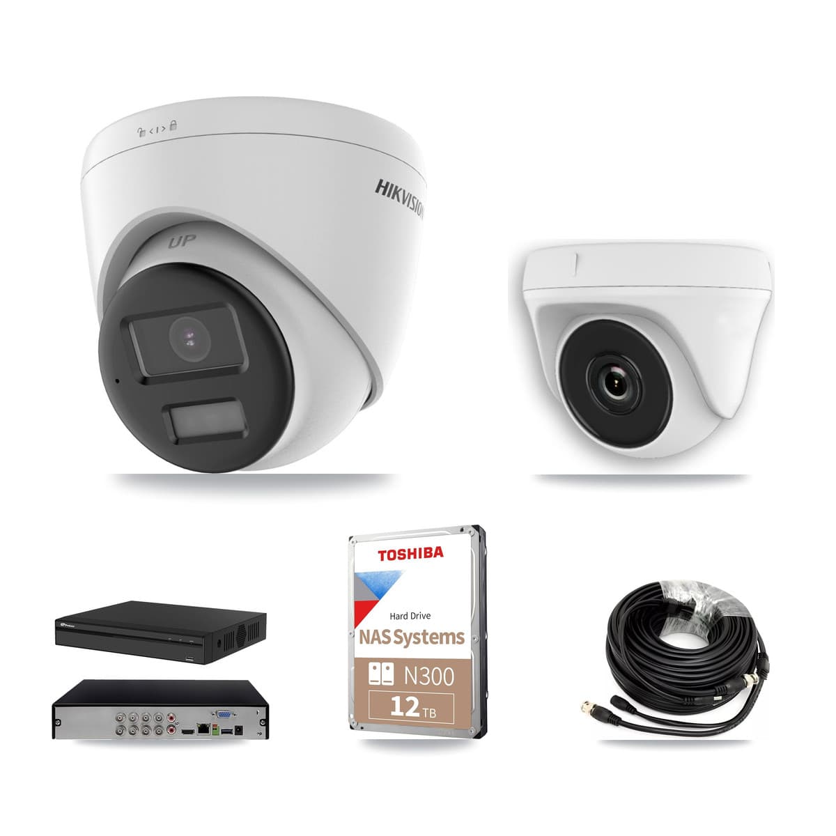 Hikvision & Prolux 8-Channel 2MP – 4K CCTV Kit — 4 DS-2CE78U0T 4K Turret + 1 White HDT-2MP-N20W 2MP Dome Cameras + 12TB Recording - Image 1