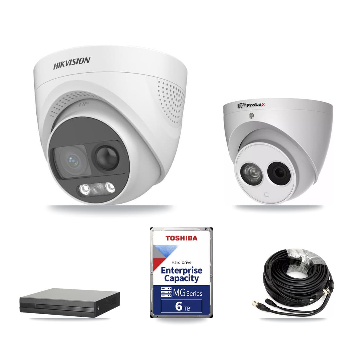 Hikvision & Prolux 16-Channel 4MP – 5MP CCTV Kit — 4 DS-2CE72KF3T 5MP + 1 PXC-612C4W-A 4MP Turret Cameras + 6TB Recording (XVR-3116HS Recorder) - Image 1