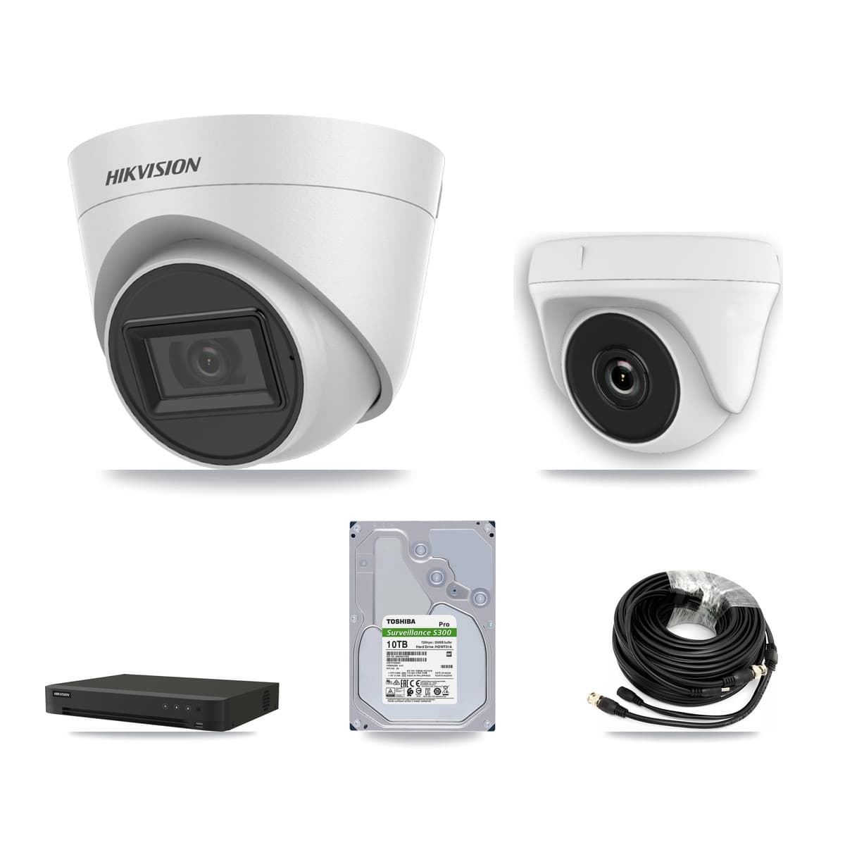 Hikvision 8-Channel 2MP – 5MP CCTV Kit — 7 White DS-2CE78H0T-IT3FS 5MP Turret + 1 White HDT-2MP-N20W-2.8MM 2MP Dome Cameras + 10TB Recording (IDS-7208HUHI-M1/XT Recorder)
