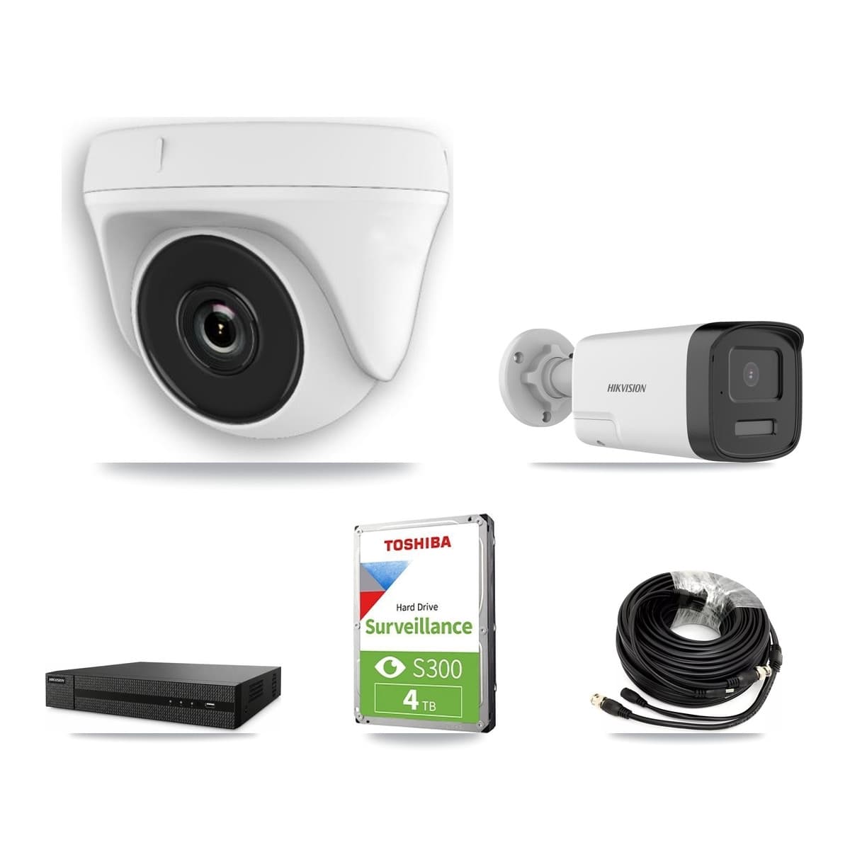 Hikvision 8-Channel 2MP – 5MP CCTV Kit — 1 DS-2CE17K0T 5MP Bullet + 7 White HDT-2MP-N20W 2MP Dome Cameras + 4TB Recording
