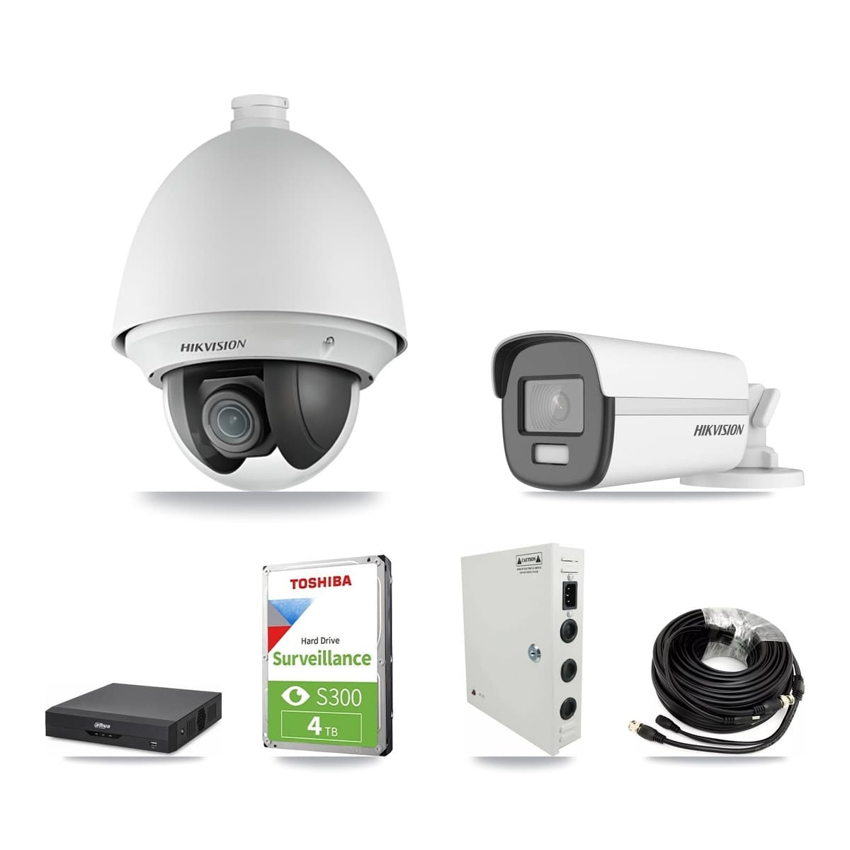Hikvision & Dahua 4-Channel 2MP – 4K CCTV Kit — 2 DS-2AE4225T 2MP PTZ + 1 DS-2CE12UF3T 4K Bullet Cameras + 4TB Recording - Image 1