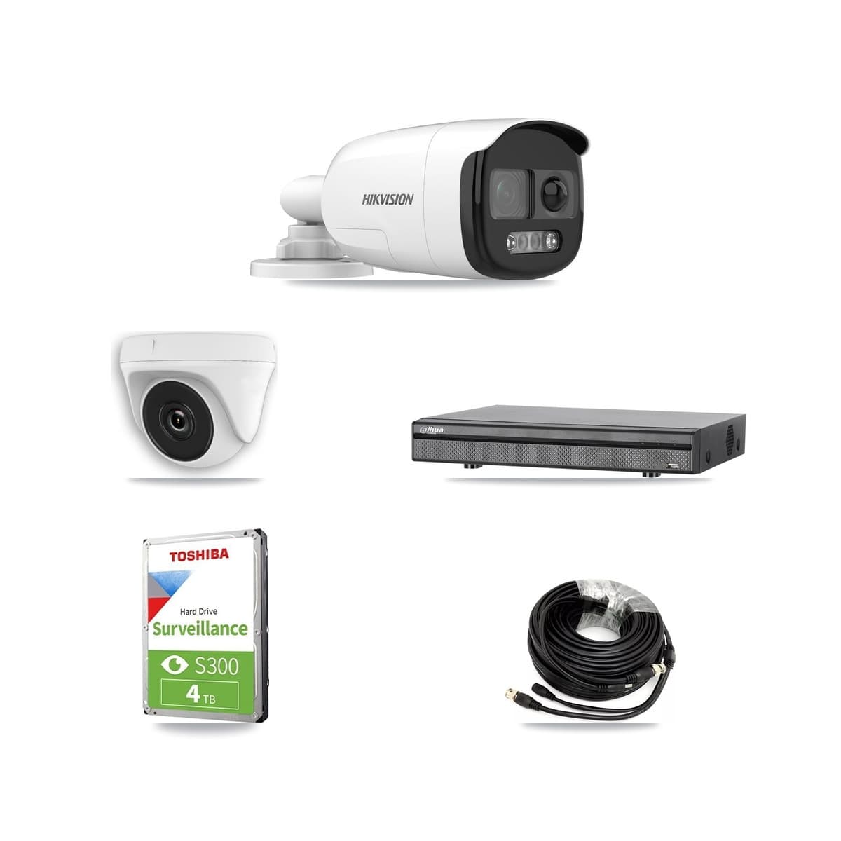 Hikvision & Dahua 8-Channel 2MP – 5MP CCTV Kit — 2 DS-2CE12KF3T 5MP Bullet + 2 White HDT-2MP-N20W 2MP Dome Cameras + 4TB Recording (DH-XVR5108H Recorder) - Image 1
